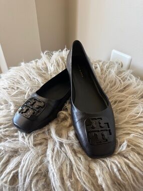 Tory Burch Black Leather Logo Square-Toe GEORGIA Ballet Flats